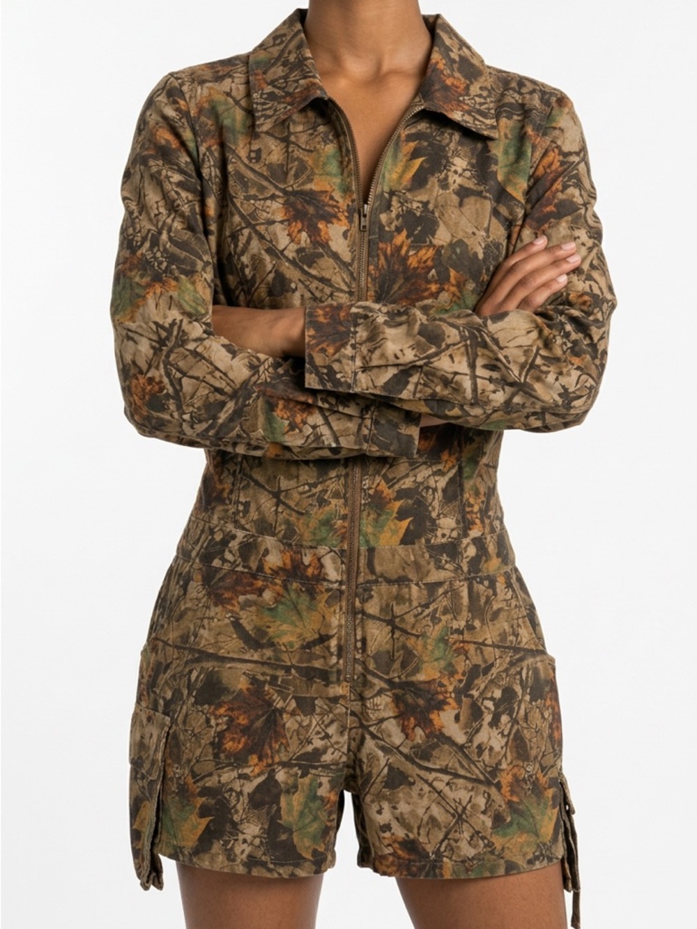 Fashion Nova Women's Camo Zip-Front Utility Romper in Brown, Green & Tan